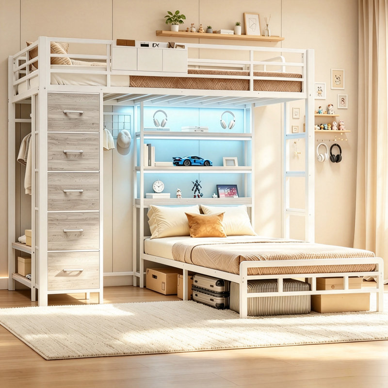 Lit superposé simple au-dessus de simple avec tablettes DEL à 3 niveaux et rangement pour arbre d'entrée, White