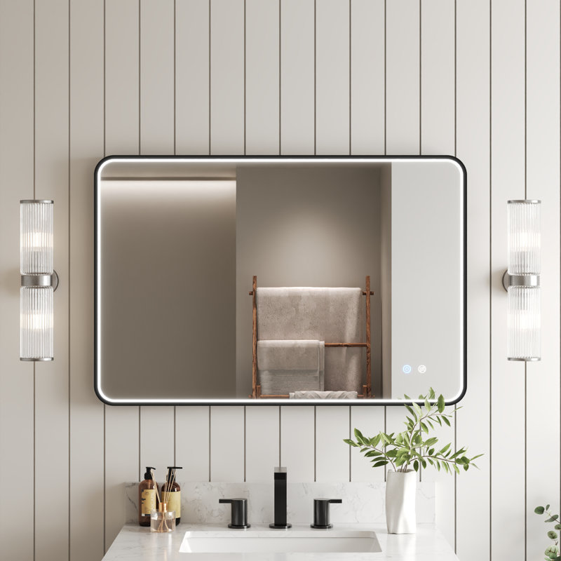 Miroir de salle de bain anti-buée 36 po x l 24 po avec éclairage latéral, DEL à intensité variable tricolore et fonction mémoire, étanche IP44, cadre noir