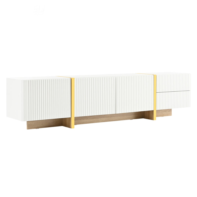 Luxury Fluted TV Stand For Tvs Up To 80'', Modern Entertainment Center With Storage Cabinets, Drawers, And Golden Wood Grain Legs