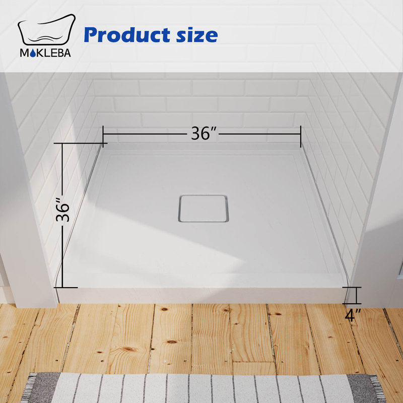 36 po L x 36 po W Base de bac de douche en alcôve carré en acrylique blanc avec trou de drain central, Blanc