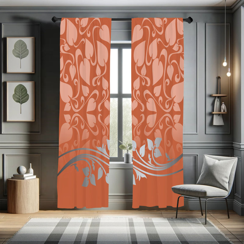 Rideaux floraux Ebern Designs, motif à feuilles romantique, paire de 28 po, orange foncé, L 28 po x L 63 po