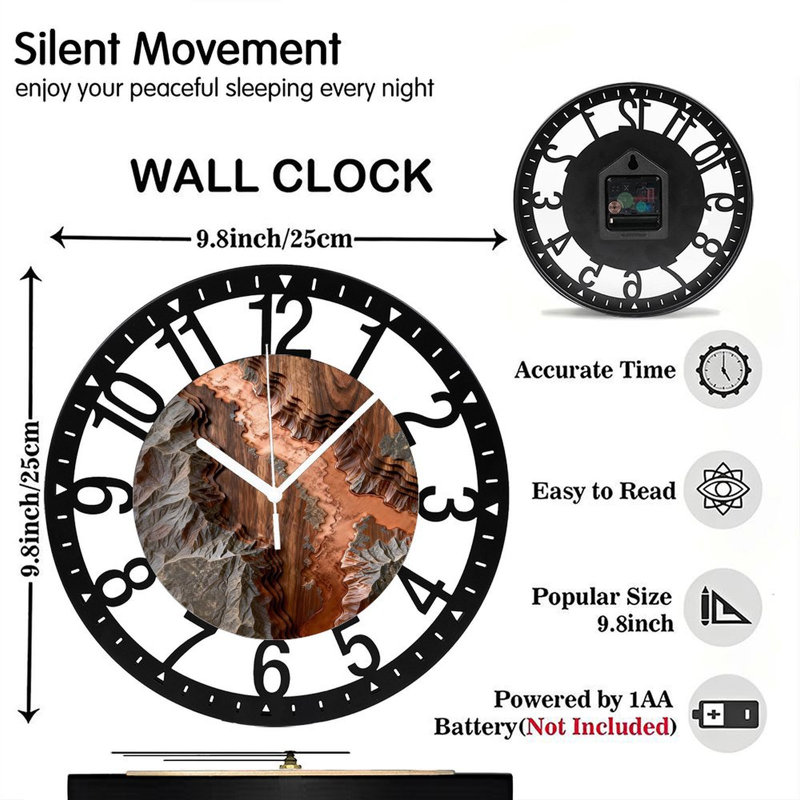 Horloge murale ronde en fer 10 po avec mouvement à quartz silencieux, chiffres arabes, impression UV, Cuivre brun
