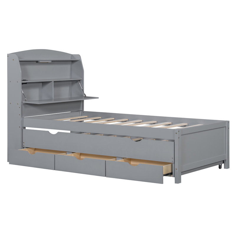 Lit plateforme simple en bois avec lit gigogne et tête de lit à DEL avec tiroirs, gris, Lit simple, Gris