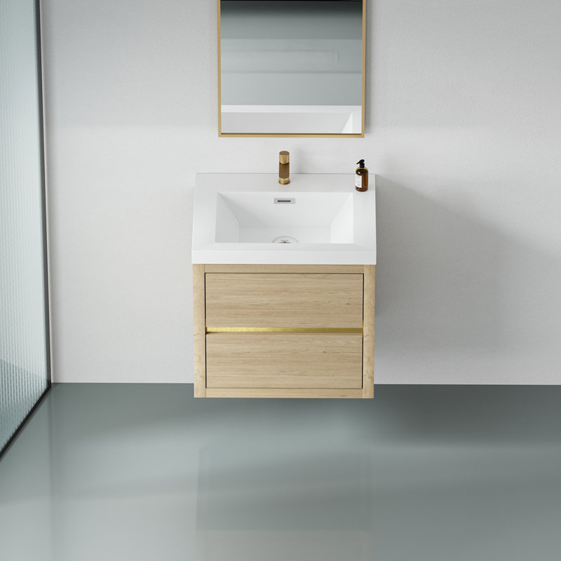 Meuble-lavabo mural 24 po avec lavabo, meuble de rangement flottant pour salle de bain avec comptoir en résine de pierre et tiroirs à fermeture en douceur