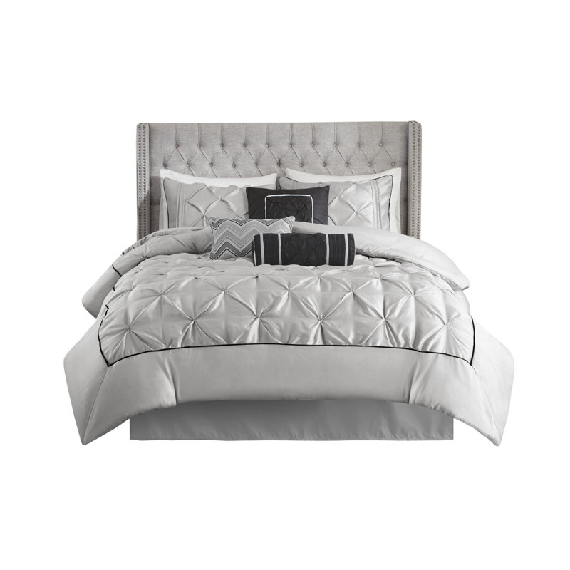 Ensemble d'édredon touffeté 7 pièces gris avec jupe de lit et 3 coussins décoratifs gris satiné, rembourrage en polyester hypoallergénique, lavable à la machine