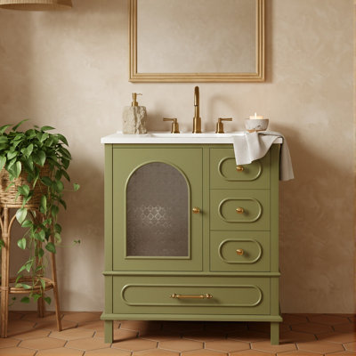 Meuble-lavabo moderne 30 po avec lavabo en céramique, 3 tiroirs et armoire semi-transparente (noir / vert)