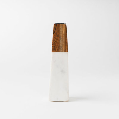 Mela Artisans Tapered White Marble & Acacia Sculptural Candleholder