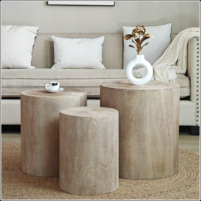 Ensemble de 3 tables basses rondes, tables de bout, supports à plantes et pièces décoratives au charme rustique et polyvalent