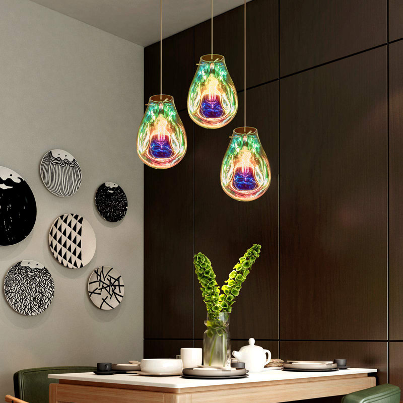 Modern Glass Handblown Plug-in Pendant Light with E26/E27 Socket – Colourful Hanging Light for Kitchen Island, Dining Room