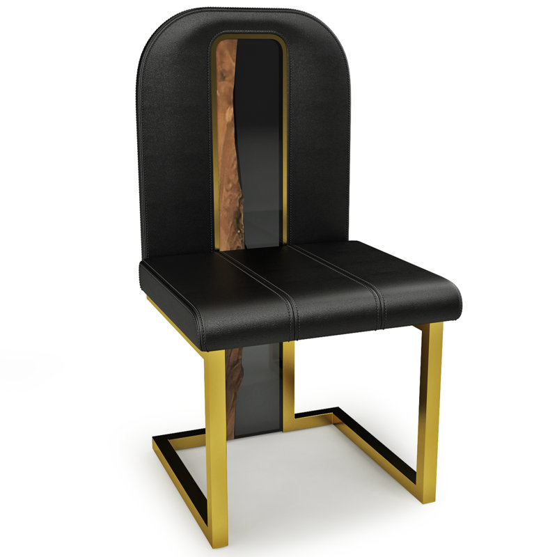 18.1'' H Genuine Leather Upholstered Side Chair, Black, Gold, 2