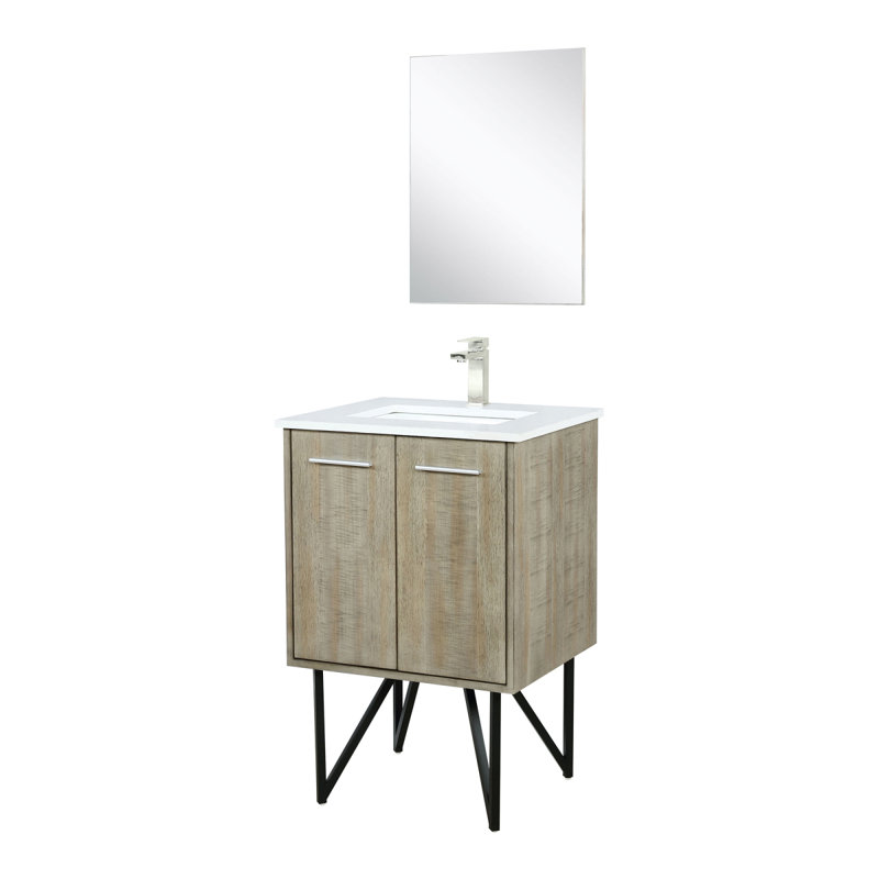 Ensemble de meuble-lavabo rustique en acacia l 24 po x P 20 po, plateau en quartz blanc, robinet en nickel brossé et miroir de 18 po