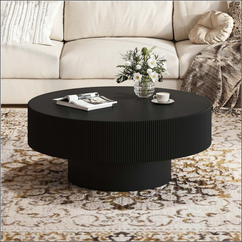 Table basse ronde avec plateau de 6,8 pouces d'épaisseur, facile à assembler, Noir