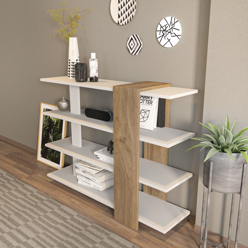 Bibliothèque moderne avec de nombreuses tablettes, finition blanche et noyer, 47,2 x 35,4 x 11,8 pouces | 100% panneau de particules enduit de mélamine, épaisseur: 0,7 pouce | Conception murale, solution de rangement élégante et fonctionnelle