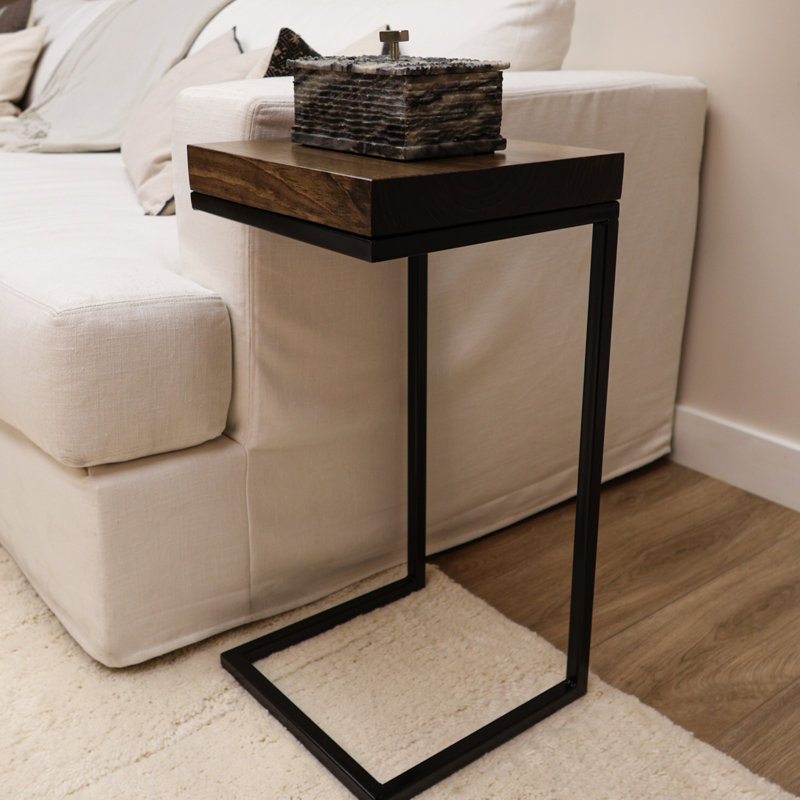 C Shape Rustic Side Table, Walnut/Black