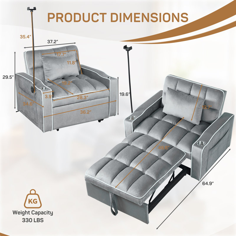 3-In-1 Convertible Futon Sofa Bed Chair, Multi-Functional Sleeper Chair Bed With Pull Out Couch And Adjustable Backrest, Modern Velvet Chaise Lounge Armchair For Living Room Bedroom