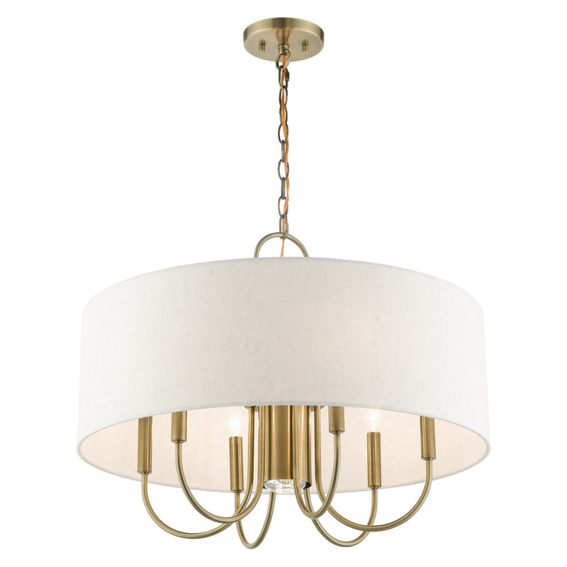 Blossom Antique Brass 7-Light Drum Chandelier with Oatmeal Shade