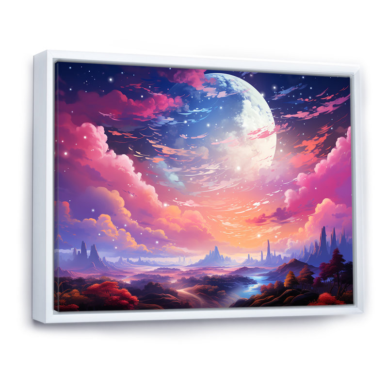«Pink Full Moon over Magical Mountain Landscape», reproduction sur toile, Cadre flottant blanc, 16" H x 32" W