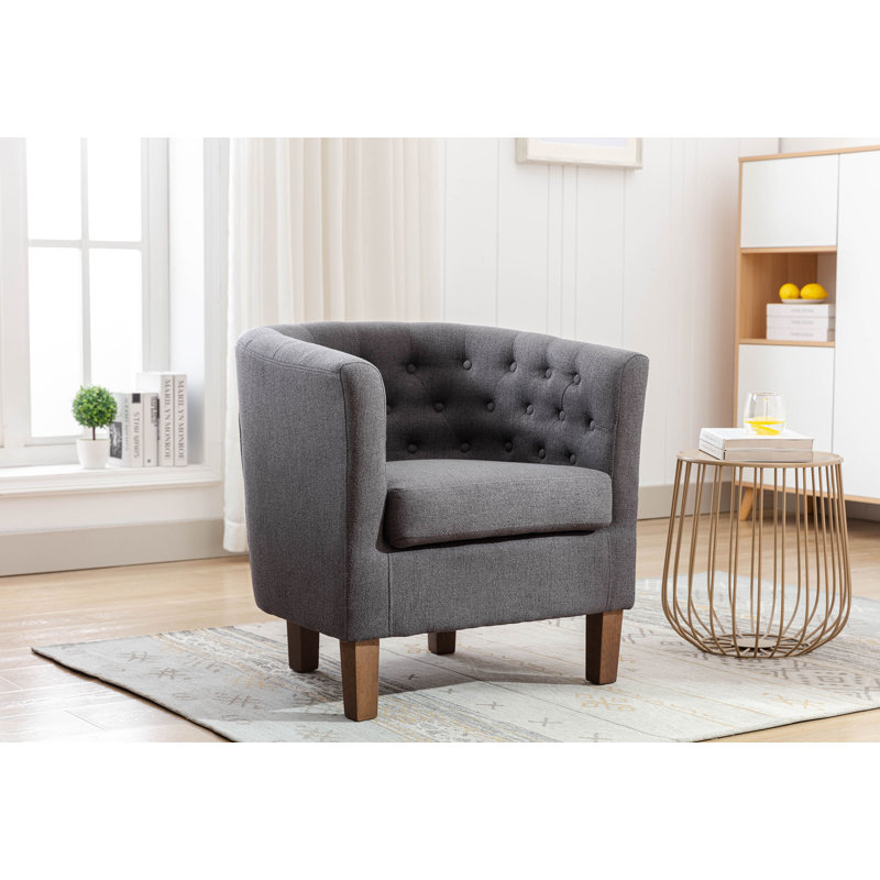 Fabric Barrel Accent Chair with Rubberwood Legs, Dark Gray Polyester Blend
