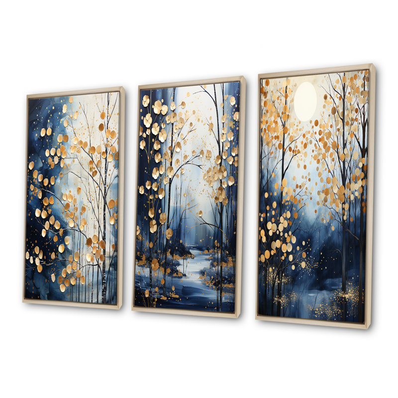 «Theriault», érable bleu, forêt d'hiver I, H 28 po x l 36 po, Cadre flottant brun