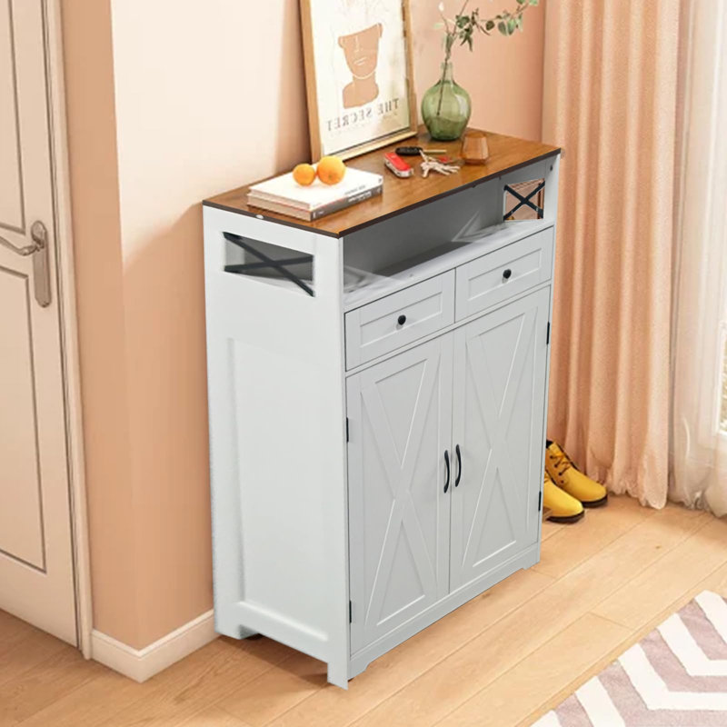 Armoire de rangement pour chaussures Modern Farmhouse, étagère à chaussures étroite avec tiroirs et tablettes réglables, brun blanc