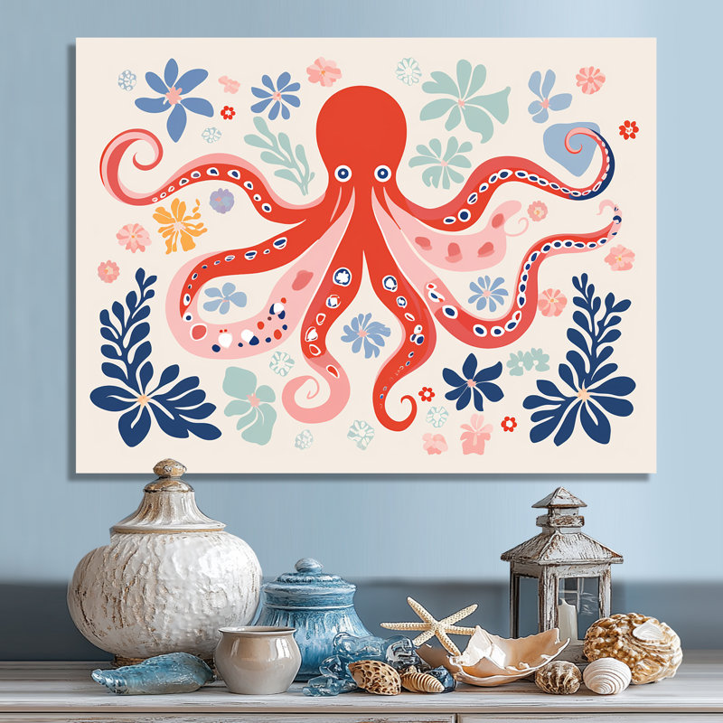 Illustration rétro de la pieuvre rouge océan profond - pieuvre / calmar, Sans cadre, métal, H 12 po x l 20 po