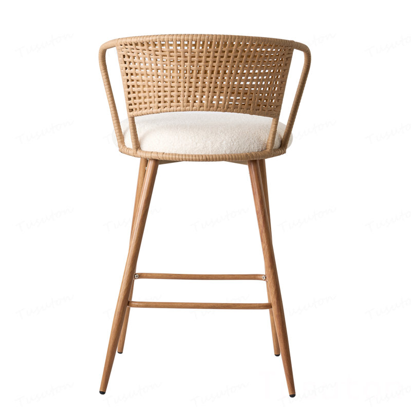 Ensemble de 2 tabourets de bar avec dossier en rotin, tabourets de comptoir rembourrés, tabourets de bar avec pieds en métal, tabourets de bar Boho pour îlot de cuisine, salle à manger (crème)