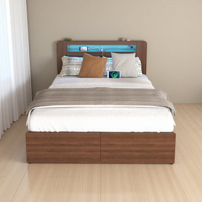 Base de lit en bois de style campagnard avec tablette et 2 tiroirs de rangement, tête de lit à DEL avec rangement, sans bruit, aucun sommier requis et assemblage facile