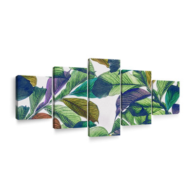 Feuille de bananier, feuilles vertes sur toile, ensemble de 5 pièces