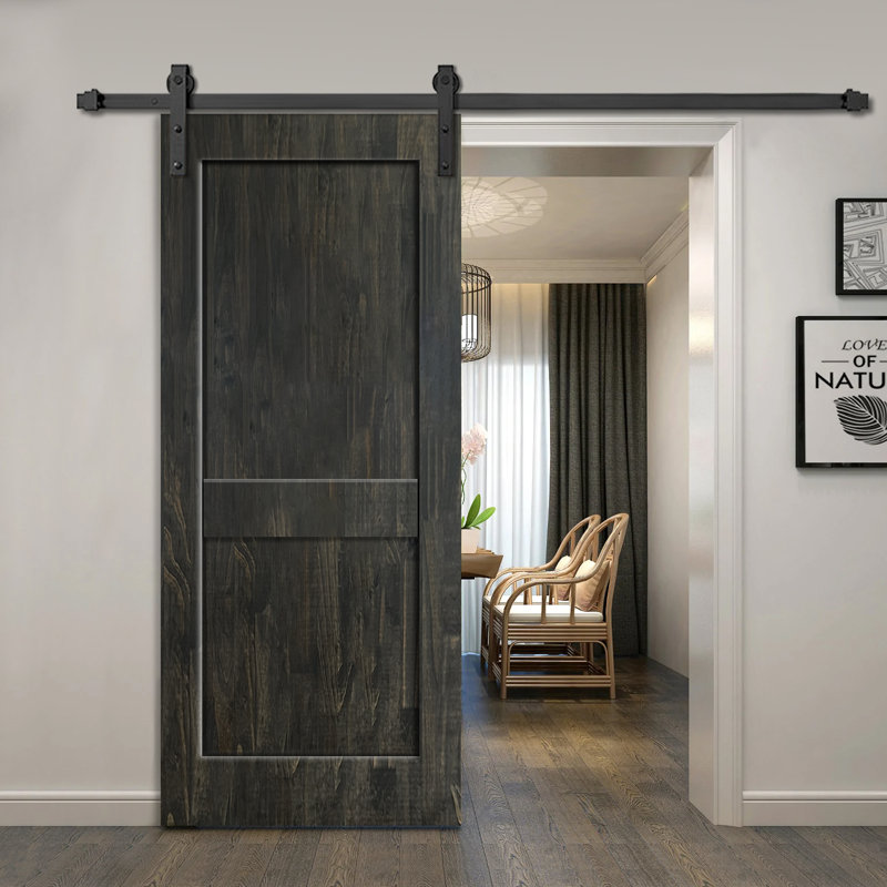 Porte de grange coulissante intérieure en bois de pin teinté 2 panneaux avec ensemble de quincaillerie, 42 po x 84 po