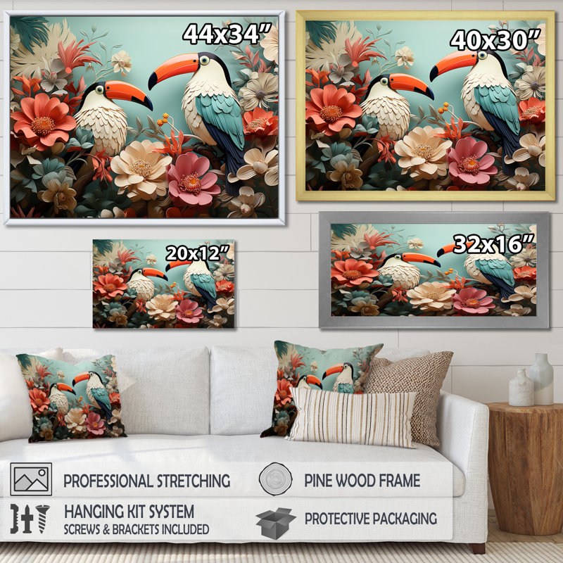 Bleu et rose, tropiques, toucan, collage I - Toucan, art mural animal, Cadre de coin argenté fermé