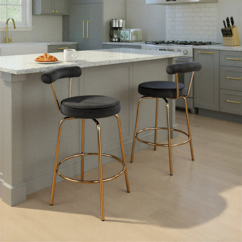 Kayson 25.5" Gold Swivel Upholstered Counter Stools, Black Velvet