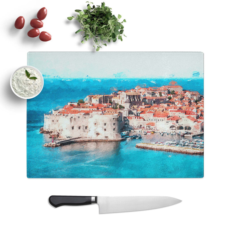 Tempered Glass Ancient City Walls of Dubrovnik Chopping Board, 39 cm W x 28.5 cm L