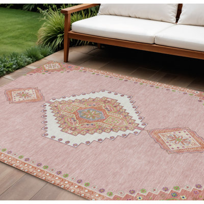 Tapis intérieur lavable oriental rose, vert et ivoire 9 pi x 12 pi