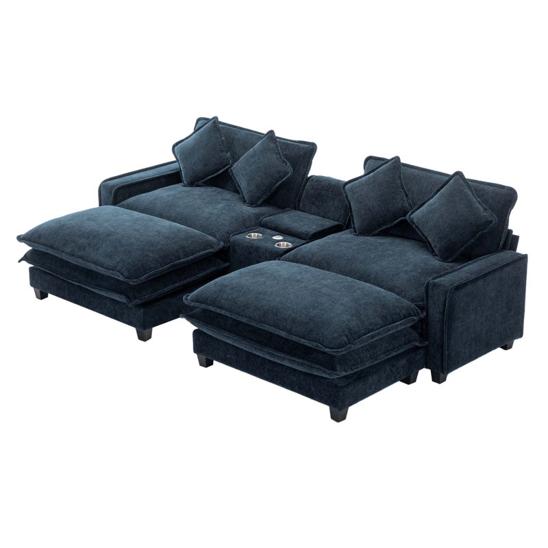 Canapé modulaire en chenille de 111 po avec deux repose-pieds amovibles, deux ports USB, deux porte-gobelets et une grande boîte de rangement pour le salon