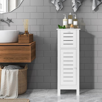 Compact White Bathroom Storage Cabinet with Drawer and Vented Door, Freestanding Linen Cabinet for Small Spaces, Santorin Collection