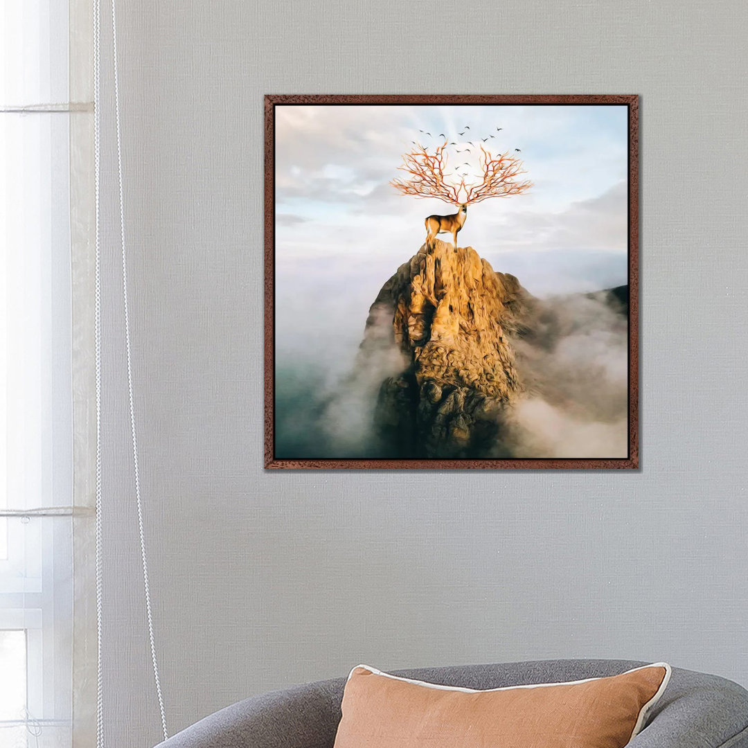 A Deer With Golden Antlers On Top Of A Mountain von Ievgeniia Bidiuk - Gallery-Wrapped Canvas Giclée on Canvas