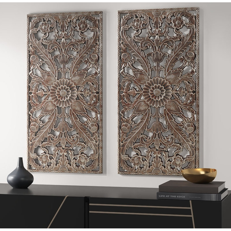 Ensemble de 2 décorations murales en bois sculpté patiné - maison de campagne rustique pour le salon et la chambre à coucher