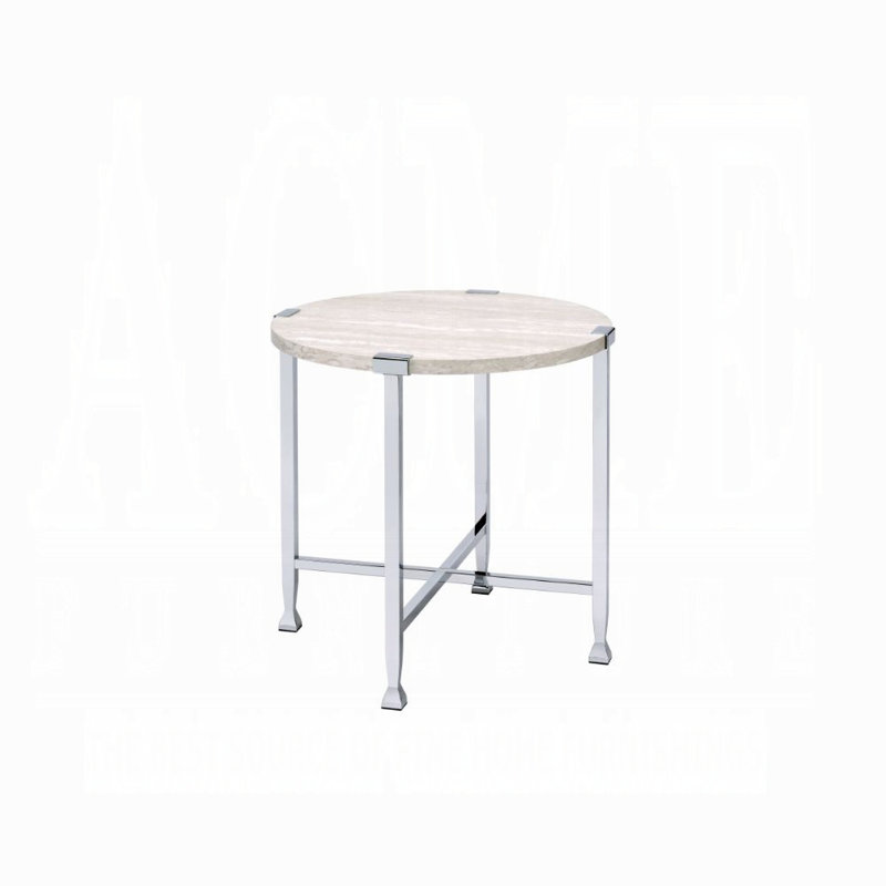 Table de bout ronde en chêne blanc avec cadre en métal chromé pour le salon | Idée de cadeau