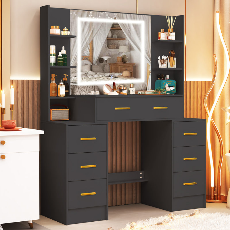 Coiffeuse de maquillage noire avec miroir et lumières, coiffeuse avec 7 tiroirs et 6 tablettes, poignée dorée