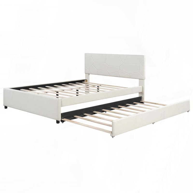 Grand lit plateforme tapissier avec tête de lit et lit gigogne, Beige