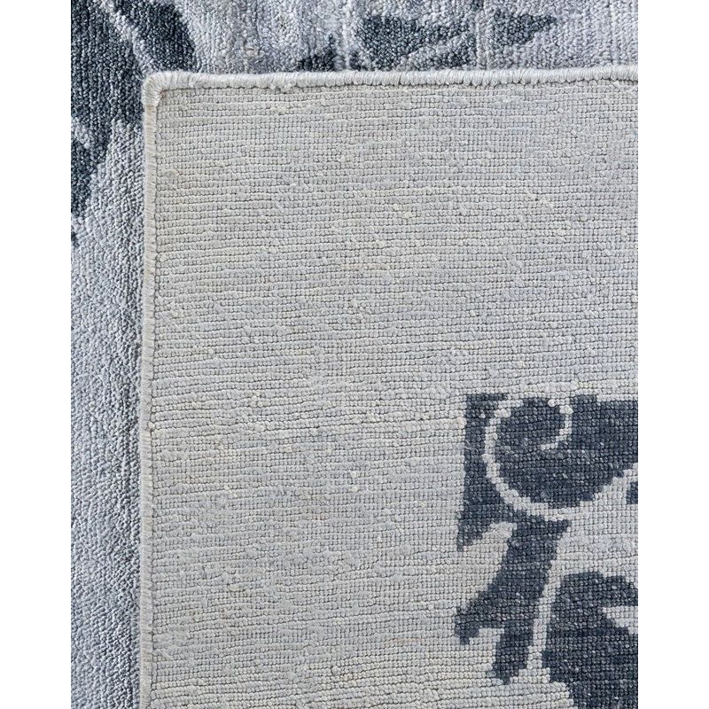 Ivory and Blue Hand-Knotted Silk Area Rug, 9' 3" x 12' 2"