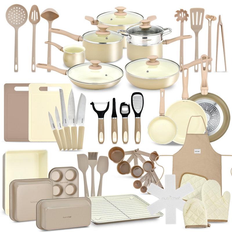NutriChef 54-Piece Beige and Cream Non-Stick Cookware and Bakeware Set