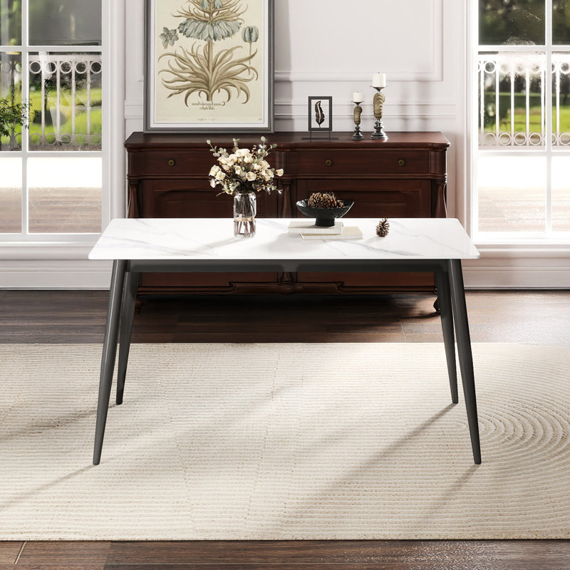 Moderne, 55,43 po, table de salle à manger rectangulaire, surface en pierre frittée, pieds en métal gris foncé - fissure, égratignure peu perméable, entretien facile