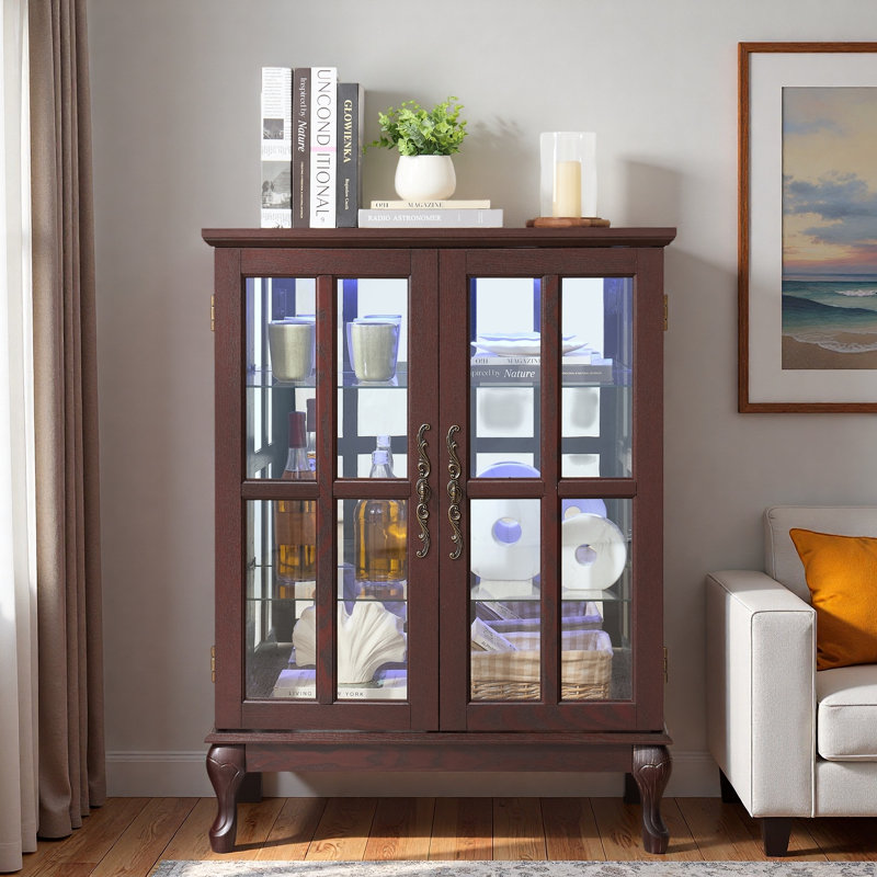 Vitrine avec portes en verre quadrillé, bande lumineuse RVB en couleur et tablettes en verre réglables en hauteur, Cerisier