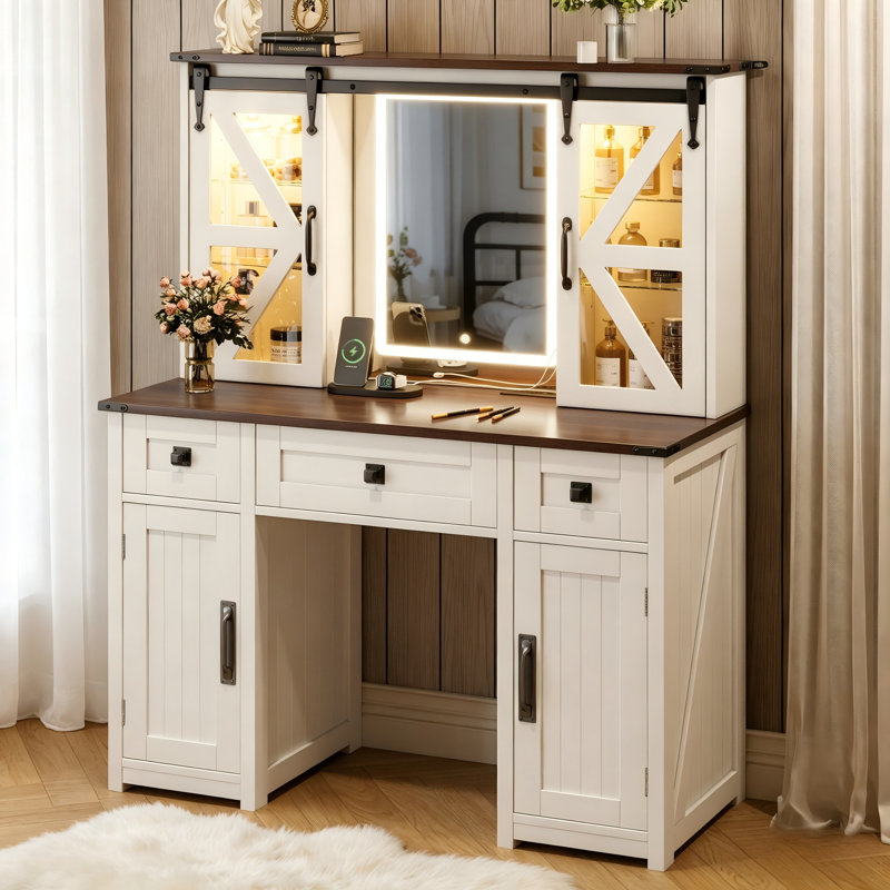Table de coiffeuse 43,5 pouces avec miroir éclairé, avec station de charge, porte de grange coulissante, tablettes cachées, 3 tiroirs et 4 armoires, beige