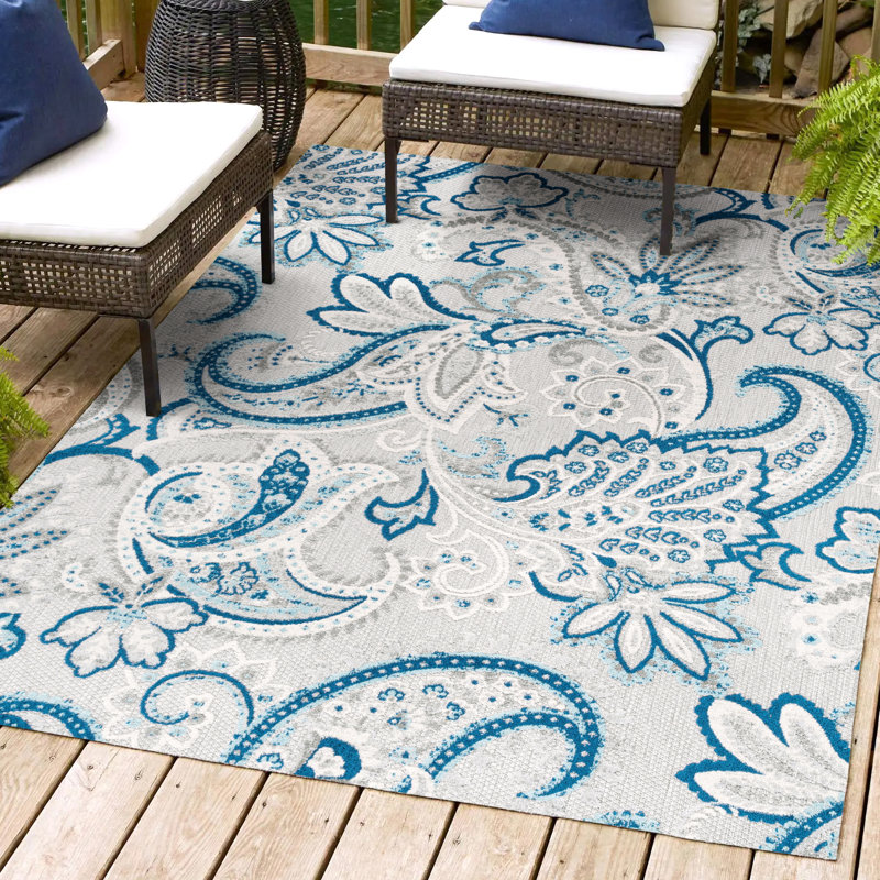 Asgard Paisley High-Low Light Gray/Blue Indoor/Outdoor Rug, Rectangle 4' x 6'