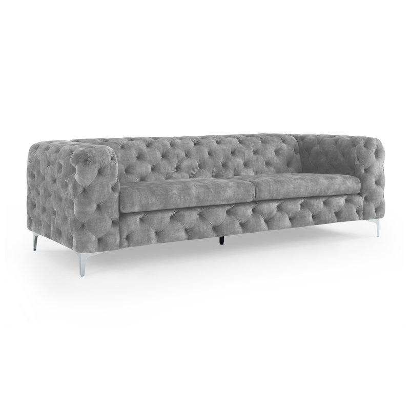 Ghaleb 237Cm Velvet Square Arms Sofa, Light Grey Polyester Blend, Silver