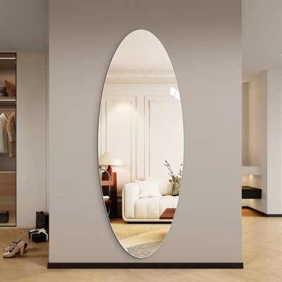 Miroir ovale 65 po x 24 po en verre, reflet HD, percé, pour la maison et le bureau pleine longueur, incassable, convient à diverses surfaces murales