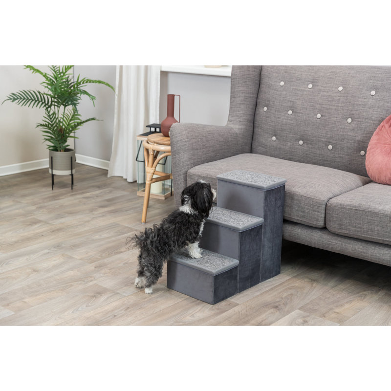 Gray Velour 3-Step Pet Stairs with Storage Compartments