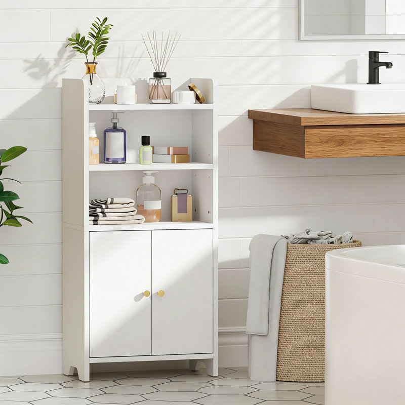 Small Bathroom Storage Cabinet With 2 Doors And Shelves, For Small Spaces, White